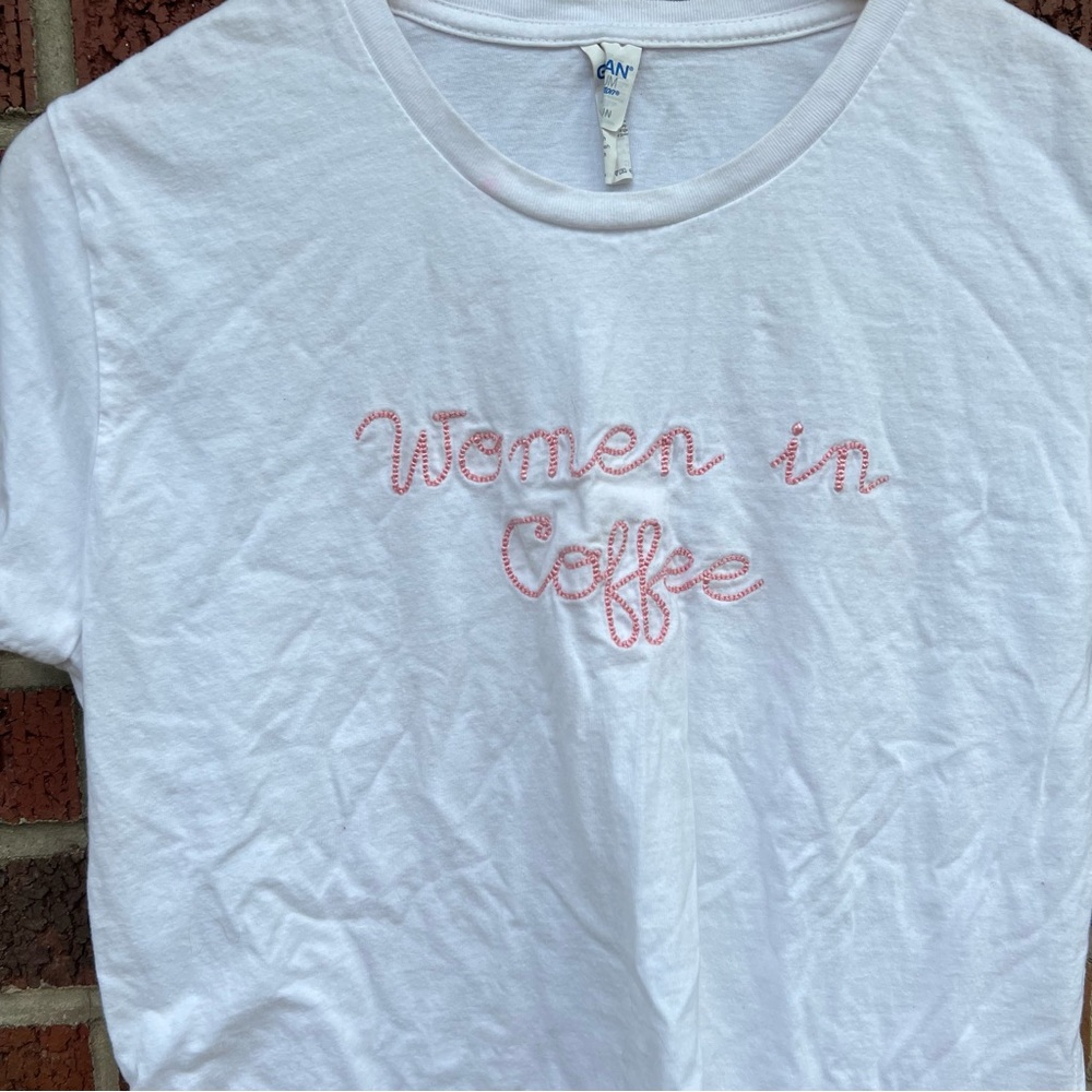 White and Pink Embroidered Women in Coffee Short Sleeve Tee Shirt - Picture 2 of 3